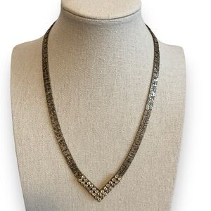 Vintage Rhinestone Necklace V Shape Silver Tone Metal